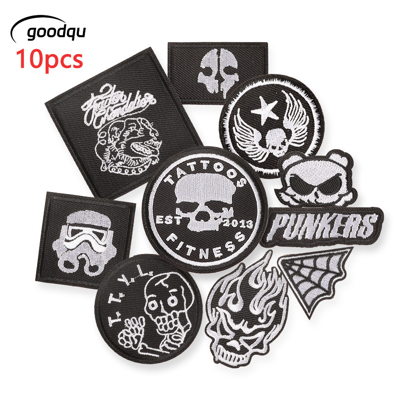 10pcs Lot Skull เหล็กบนแพทช์สําหรับเสื้อผ้าปักเย็บจํานวนมาก Parches ผ้ากลางแจ้ง Mochila แจ็คเก็ต Diy Stitch ความร้อน Rock