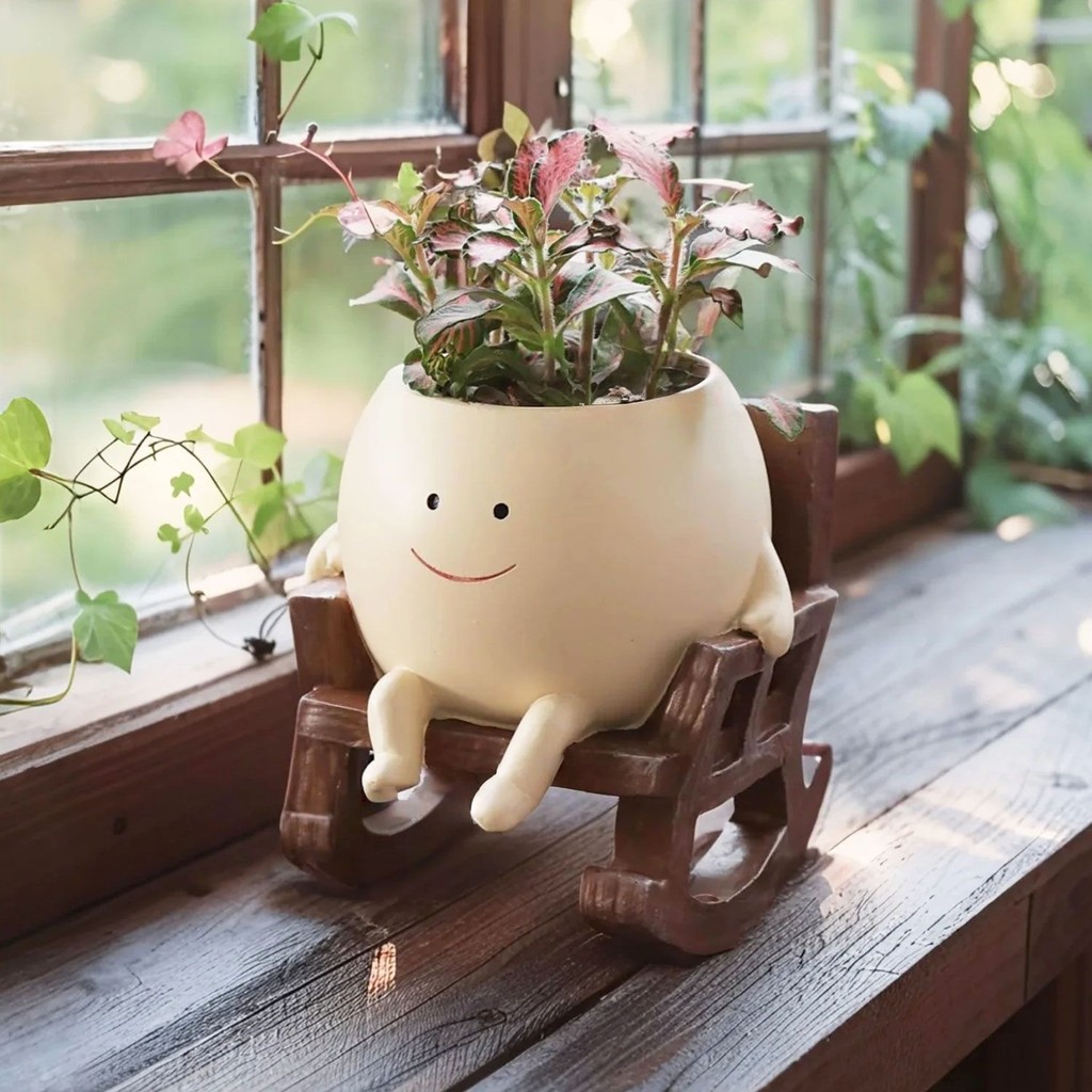 การ์ตูนสร้างสรรค์ญี่ปุ่นยิ้มใบหน้าคนร้ายนั่งโยกเก้าอี้ฉ่ํากระถางเรซิ่นกระถางดอกไม้เครื่องประดับตกแต่ง