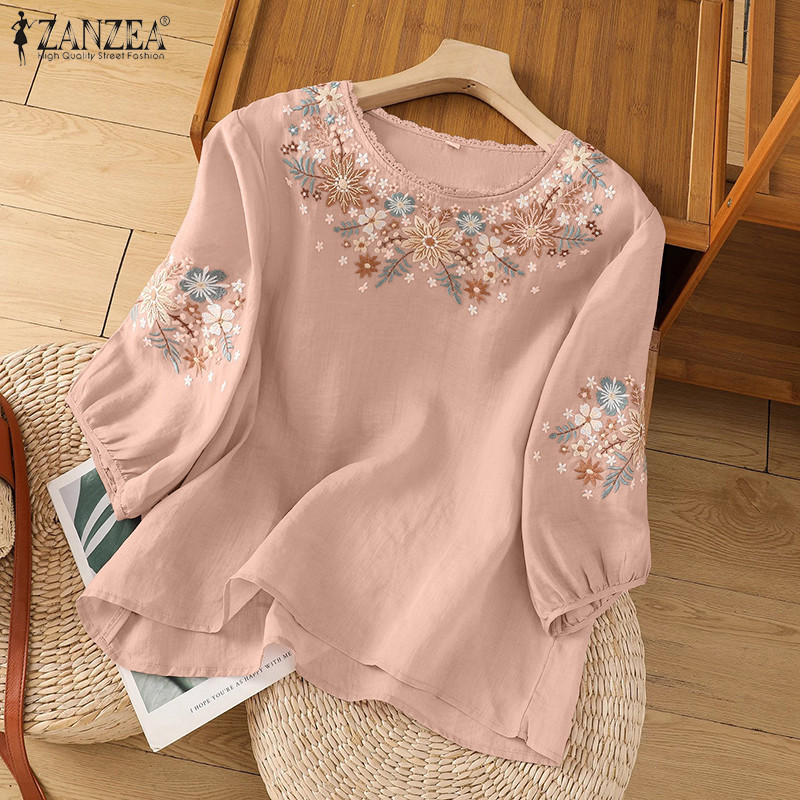 ZANZEA ซานเซีย เสื้อผ้าเกาหลีย้อนยุค สไตล์ลูกเรือ คอ3/4 แขนยาว พิมพ์ลายปักถักร้อย - รูปที่ 3