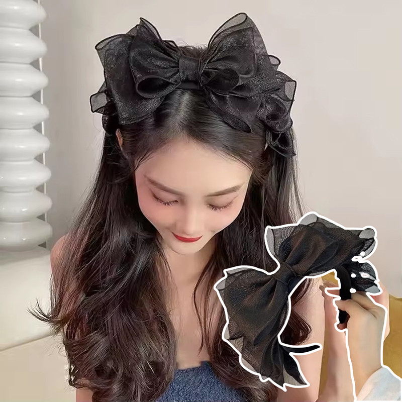 ที่คาดผมนางฟ้าที่สง่างามด้วยตาข่ายสีดํา-ที่คาดผมโบว์ใหญ่น่ารักสําหรับสาวๆทรงผมเจ้าหญิงหวาน