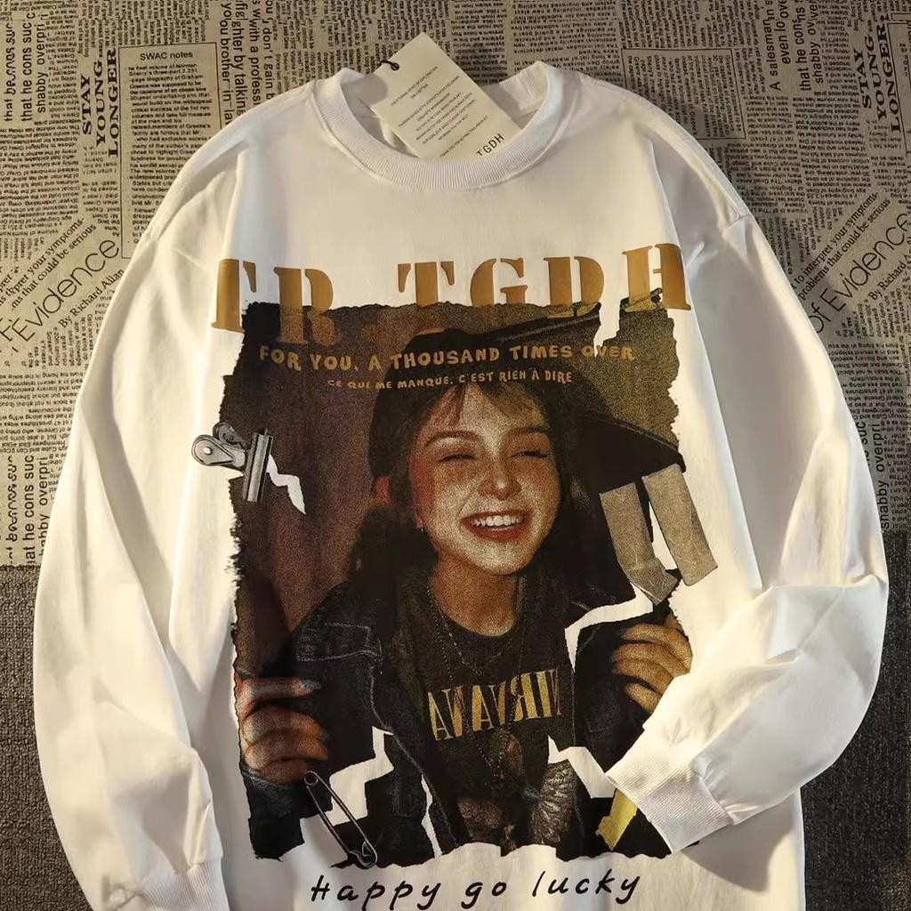 เสื้อกันหนาว แขนยาว คอกลม ทรงหลวม เสื้อกันหนาวแฟชั่น TGUOIS ลายกราฟิกสาวน่ารัก สไตล์วินเทจ Y2K ผ้าฝ้าย 100%