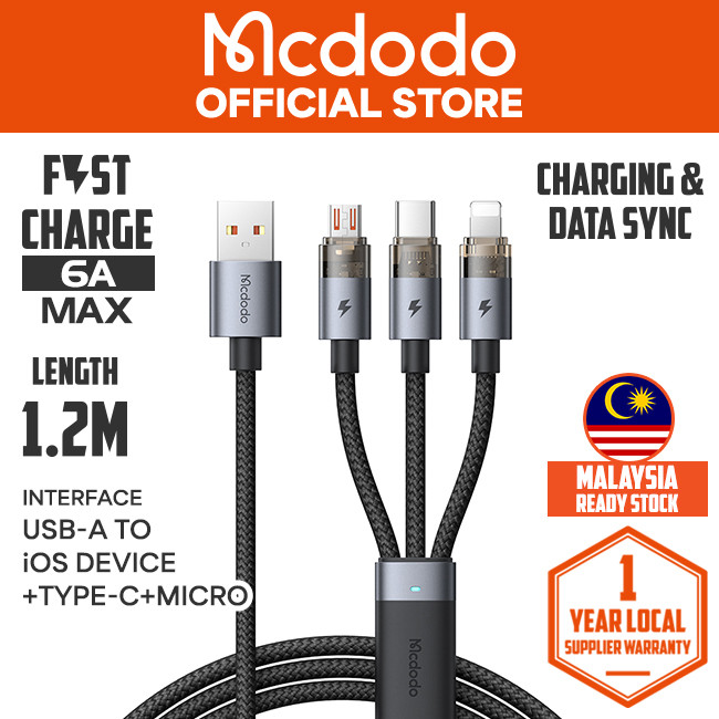 Mcdodo CA715 3 IN 1 6A USB-A เพื่อใช้งานร่วมกับ iPhone + Micro + Type-C สายโปร่งใสพร้อมสายชาร์จ 1.2M