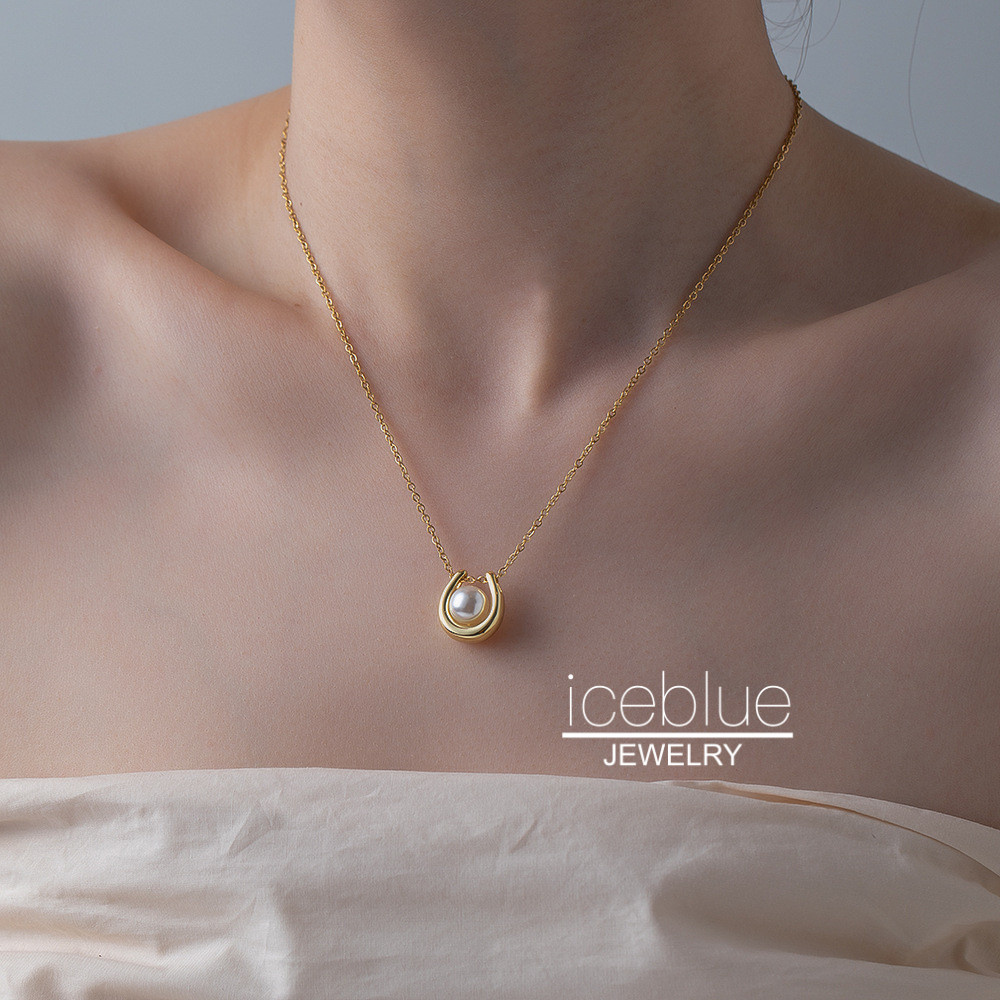 ICEBLUE U-Shaped Pearl จี้สร้อยคอ 18K Gold Plated Silver Gold ไทเทเนียมเหล็ก Non Tarnish สร้อยคอแฟชั