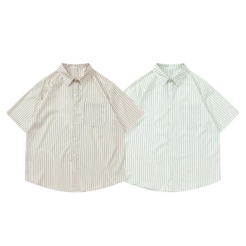 BECoolMan เสื้อเชิ้ตลายทางสไตล์ญี่ปุ่น เสื้อคอปกผู้ชายหลากสี แขนสั้นทรงหลวมลำลอง