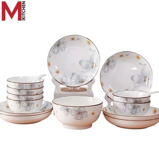 M KITCHEN จาน ชาม ถ้วย เซรามิค ลายคราม เข้าไมโครเวฟได้ (A3)