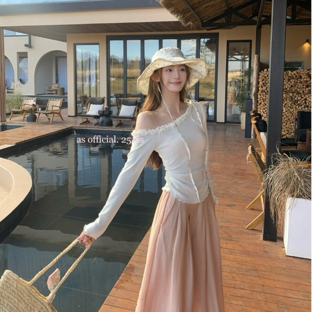 Mimi&Didi เสื้อเปิดไหล่แขนยาวไหมพรม เสื้อยืดถักลูกไม้เปิดไหล่สีชมพูสำหรับผู้หญิง ทันสมัยและสวยงาม ใส่เดี่ยวๆH060 - รูปที่ 2