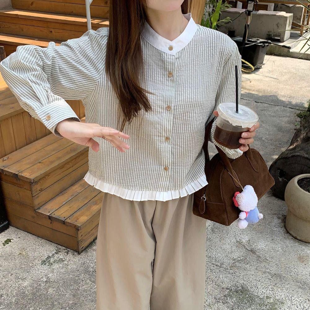 เสื้อเชิ้ตผู้หญิงแขนยาว สีตัดกัน เสื้อเชิ้ตลายทางสไตล์เกาหลี คอกลม ทรงสั้น เสื้อเชิ้ตหวานๆ ใส่ได้หลายโอกาส#W594 - รูปที่ 5