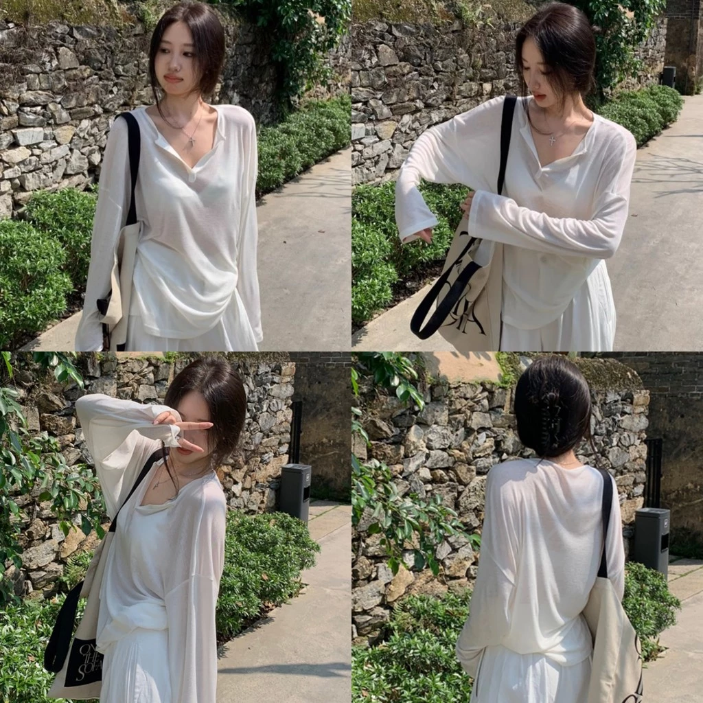 🥭Evelyn🥭เสื้อแขนยาว คอวี ดีเทลซีทรู บางเบา เสื้อกันแดด ทรงหลวม ใส่ง่ายสบาย สไตล์ลำลอง แฟชั่นฤดูร้อน