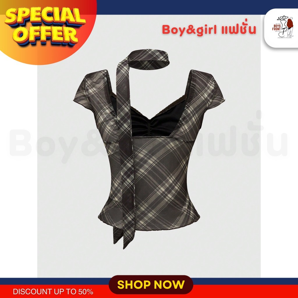 มาใหม่* เสื้อยืดเว้าชิ้นเดียวแบบลายสก๊อตดีไซน์คาเวิลในสไตล์ Y2K*สงกรานต์ คริสมาสต์ ปีใหม่ วาเลนไทน์ ตรุษจีน คอนเสิร์ต OA - รูปที่ 3