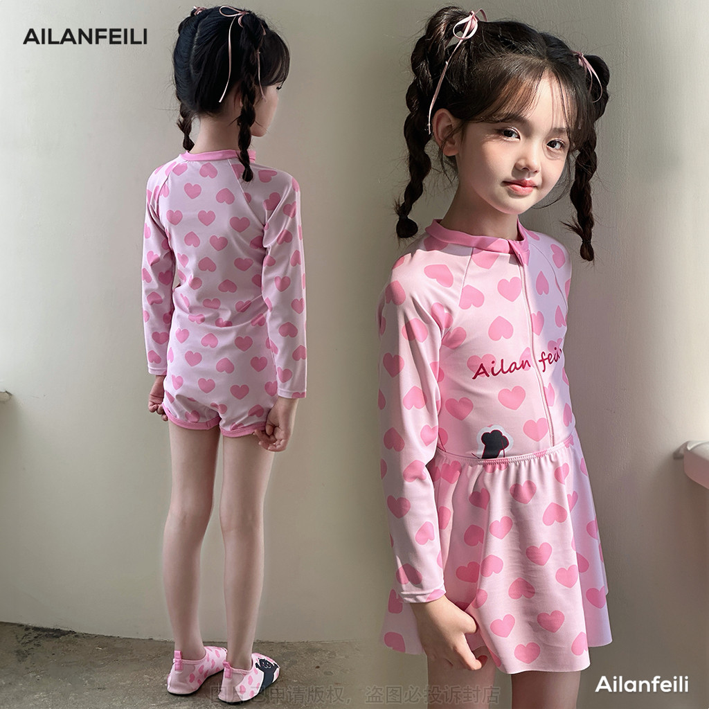 Ailanfeili ชุดว่ายน้ำเด็กผู้หญิงวันพีชแขนยาวแมวสีชมพูหลังสวยเจ้าหญิงแห้งเร็ว