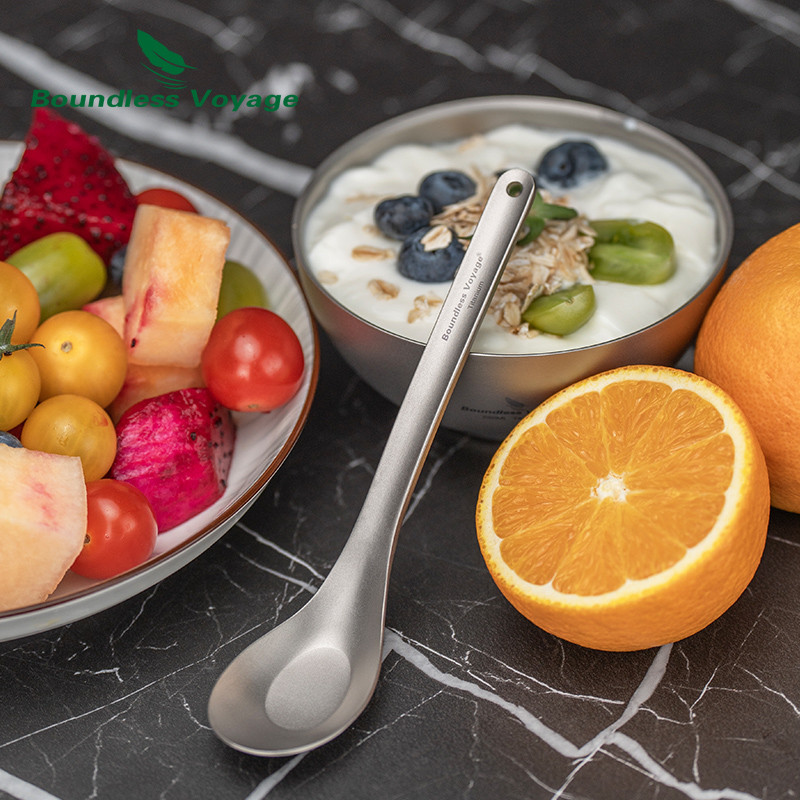 Boundless Voyage ช้อนไทเทเนียมด้ามยาว Outdoor Camping Flatware ช้อนซุปเบามากช้อนส้อมภาชนะ Ti1029T