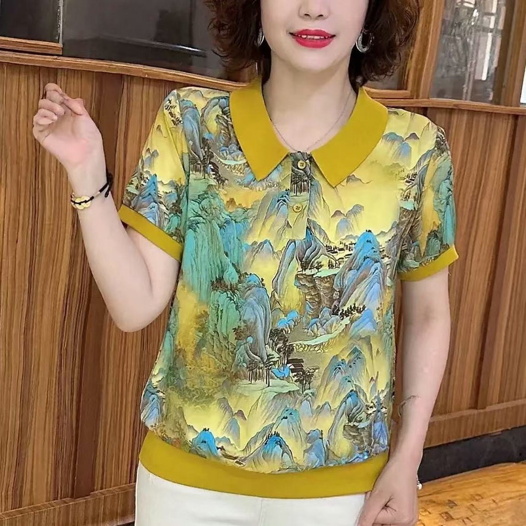 แฟชั่นผู้หญิงใหม่และหลากหลายอายุลดภาพวาดภูมิทัศน์แขนสั้นเสื้อยืดครอบคลุมท้องและลดน้ําหนักด้านบน
