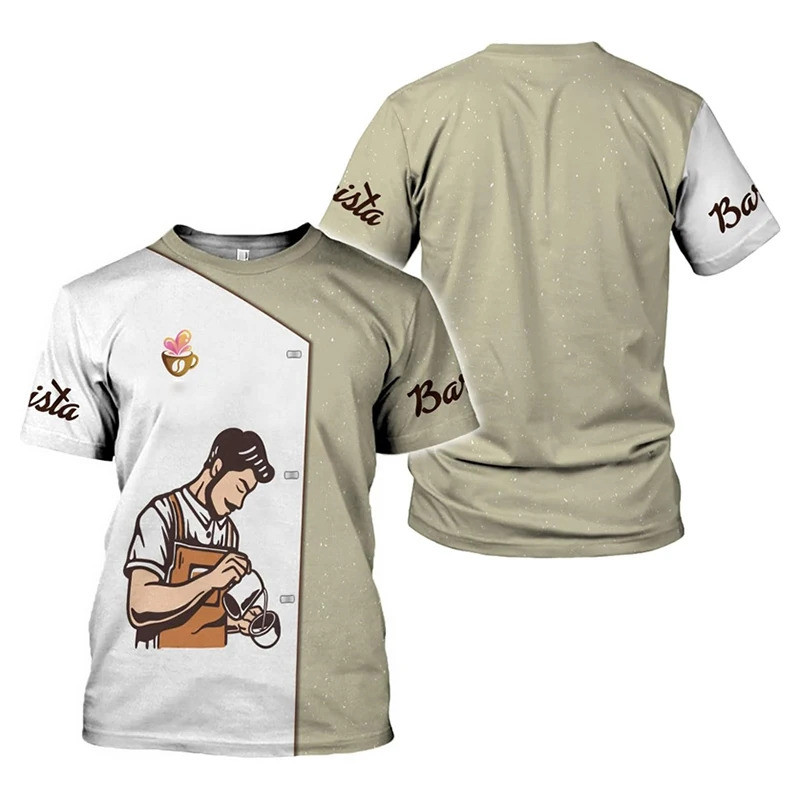 Barista ตลก 3D พิมพ์ปลอม Lapel เสื้อยืดผู้ชายทํางาน Casual Y2k Street แขนสั้นเสื้อ T นุ่ม 2025 ฤดูร้