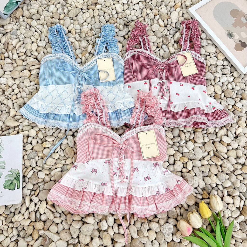 🧸 SweetHouse #063🌷 เสื้อสายเดี่ยวแขนตุ๊กตา แต่งด้วยผ้าลายสก๊อตสวยน่ารักทุกสีเยย