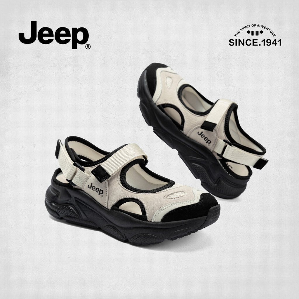 JEEP รองเท้าแตะแมรี่เจนของแท้สำหรับผู้หญิง ฤดูร้อน 2024 ใหม่ รองเท้าผ้าใบระบายอากาศแบบโปร่งสำหรับพ่อ สีดำ
