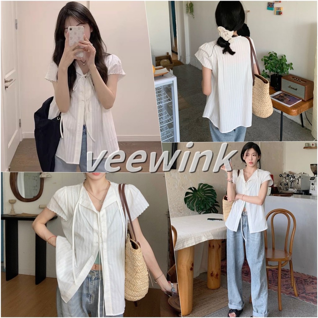Veewink พร้อมส่งจากกทม เสื้อลําลองเสื้อเย็บผ้าด้านหน้าผูกธรรมดาสําหรับผู้หญิง สวย น่ารัก ใส่แล้วหุ่นสวย