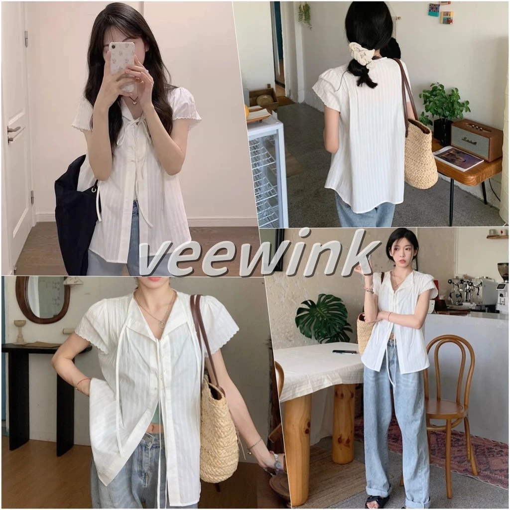 Veewink พร้อมส่งจากกทม เสื้อลําลองเสื้อเย็บผ้าด้านหน้าผูกธรรมดาสําหรับผู้หญิง สวย น่ารัก ใส่แล้วหุ่นสวย