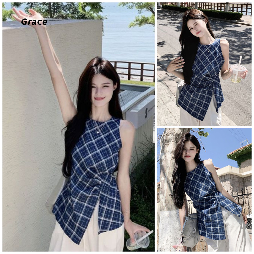 [Grace] (Ready Stock) Retro Irregular Vest Shirt Summer Slim-fit Sleeve Top Women GR1704 #