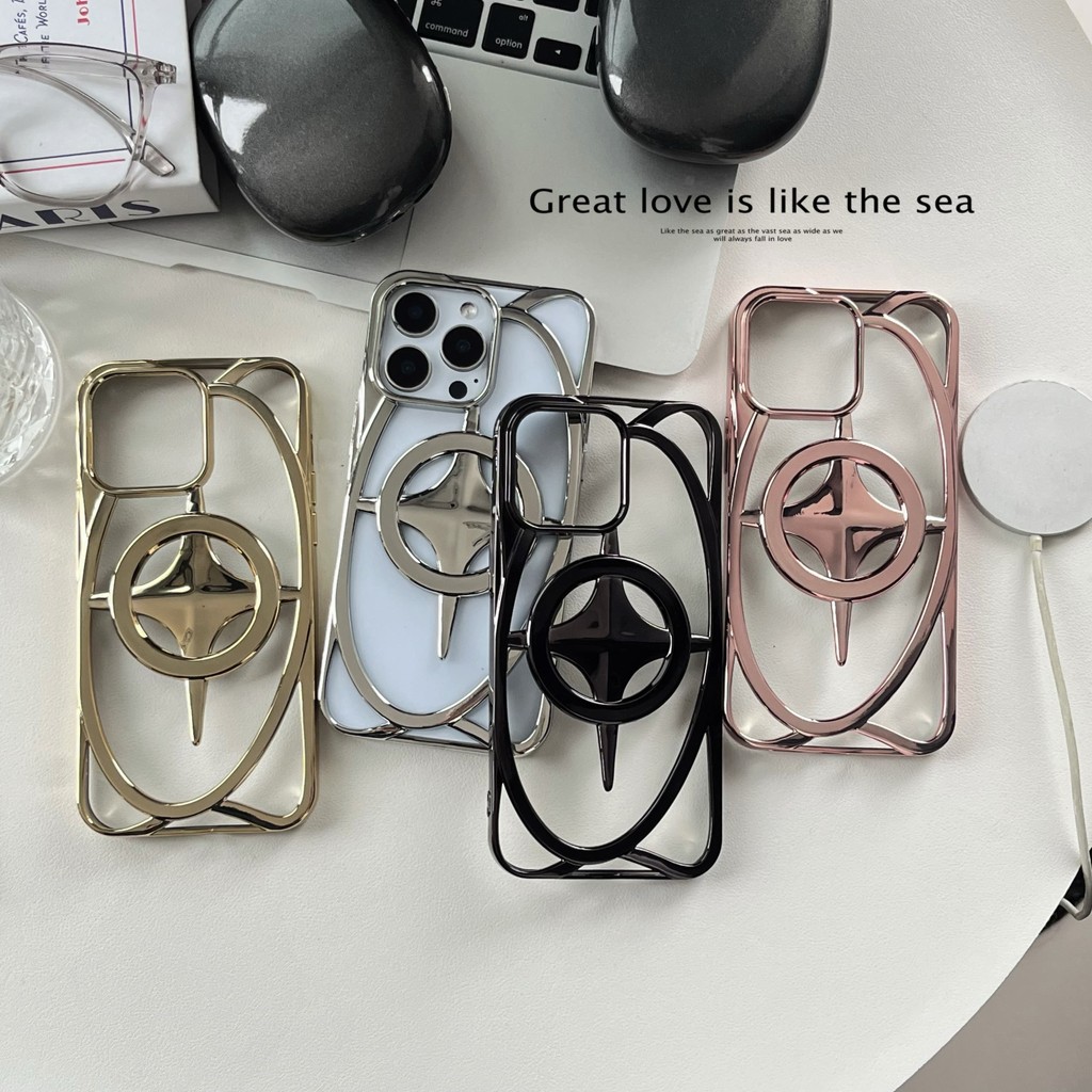 3D Creative Hollow Star SoftสําหรับiPhone 16 15 14 13 12 11 Pro Max 14 15 16 Plusการออกแบบดูดแม่เหล็กElectroplatingสีเต็มรูปแบบกระจกขนาดใหญ่Anti Falling Cover