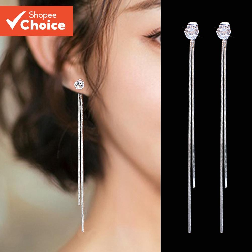 ต่างหูพู่ยาว Cubic Zirconia ต่างหูสตั๊ดเรียบง่ายผู้หญิง