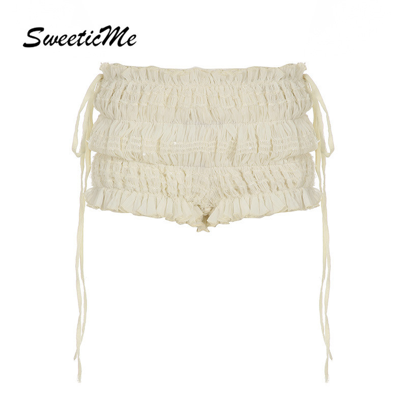 SweeticMe ผู้หญิง 2025 ใหม่แฟชั่น Crinkle กางเกงขาสั้นผูกเชือกเอวยางยืด