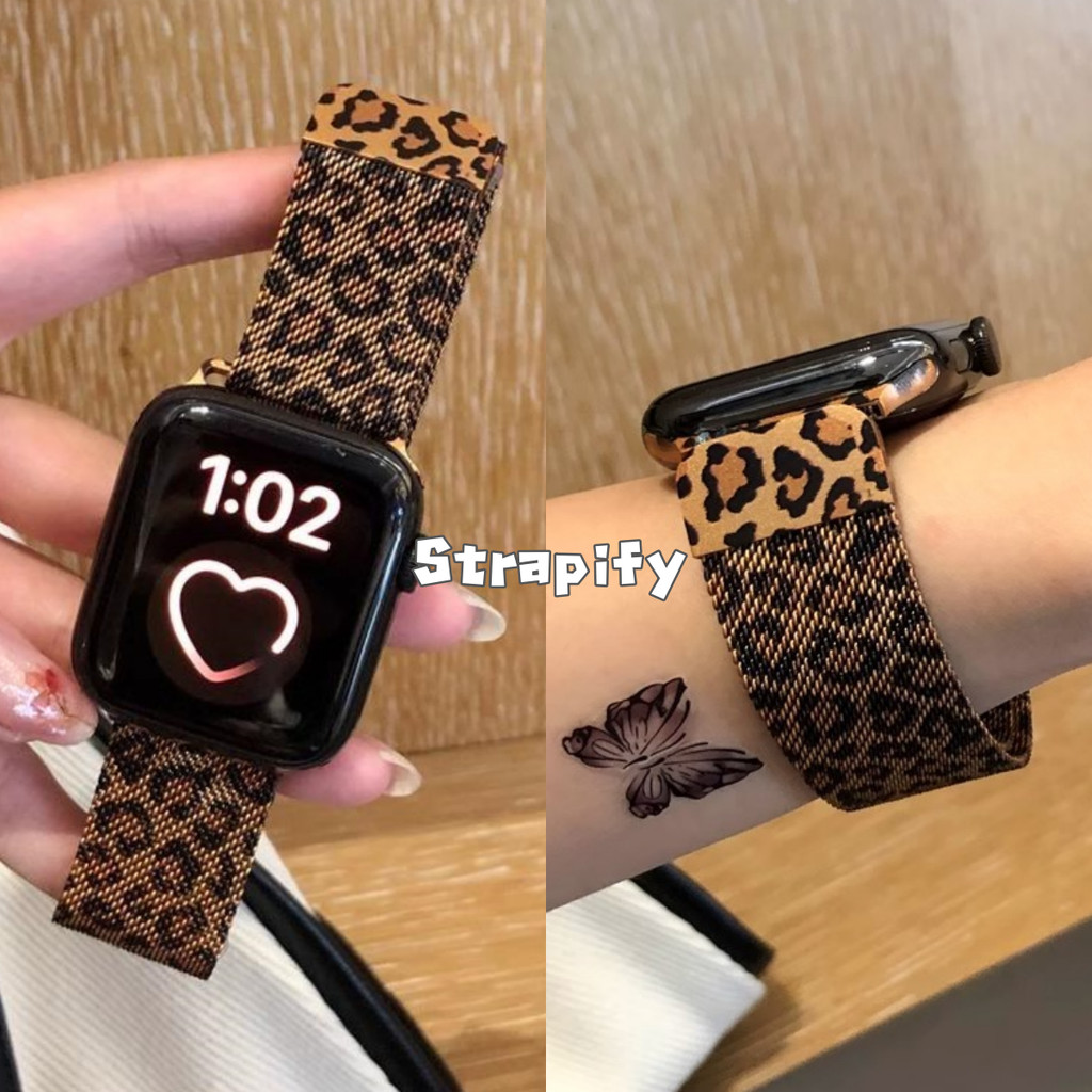เสือดาวพิมพ์ milainese สายสําหรับ applewatch series 10 S9/8/7/6/5/4/3/2/1 SE2 ULTRA สแตนเลสโลหะเปลี่ยนสร้อยข้อมือสําหรับ iWatch 49 มม.46 45 44 42 41 40 ระบายอากาศ