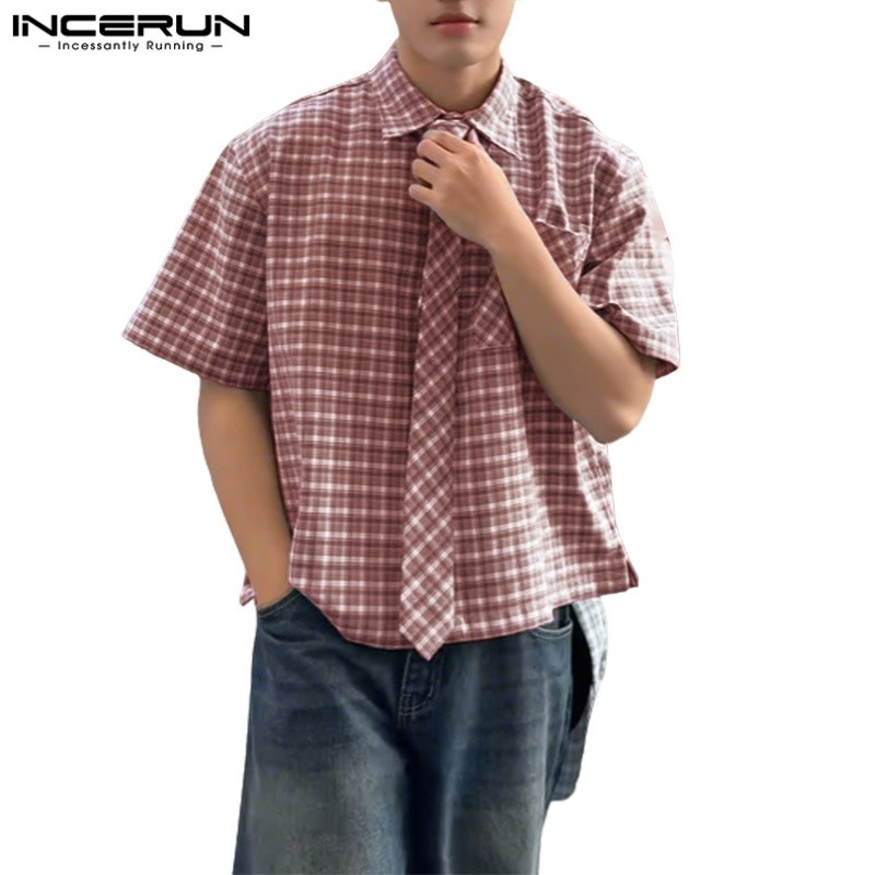 INCERUN ผู้ชายเกาหลี Street อินเทรนด์Lapel Raglanแขนเนคไทออกแบบเสื้อลายตารางหมากรุก