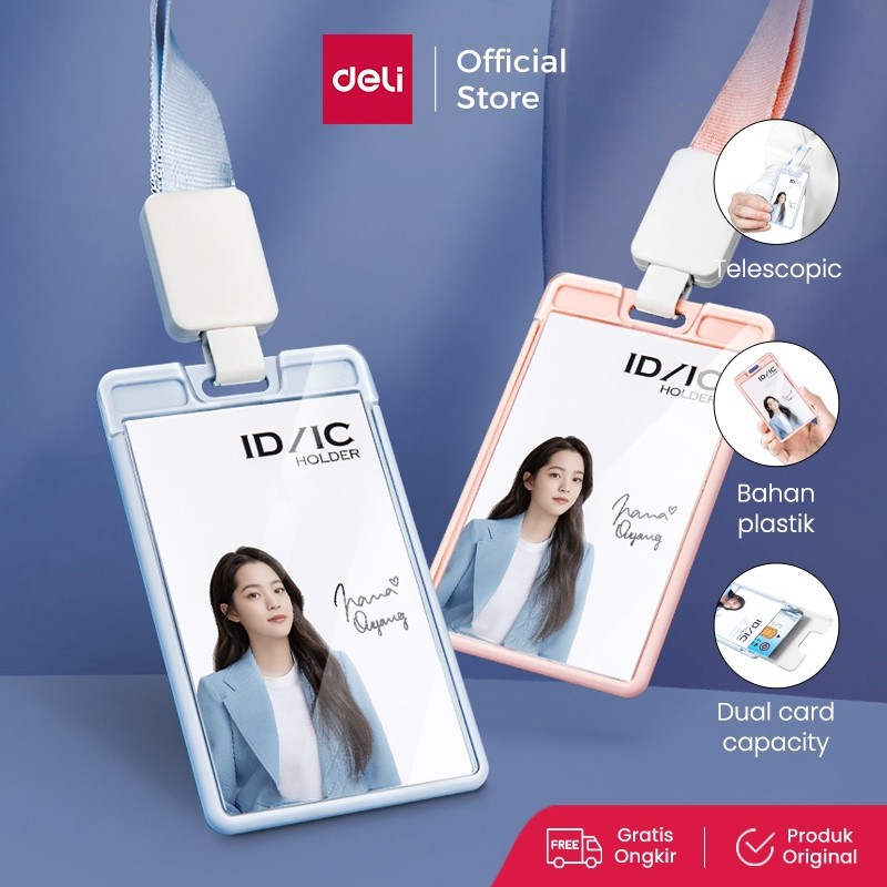 Deli ID/IC Card Nametag เชือกเส้นเล็กยืดไสลด์สีชมพู/น้ําเงินแนวตั้ง 64803
