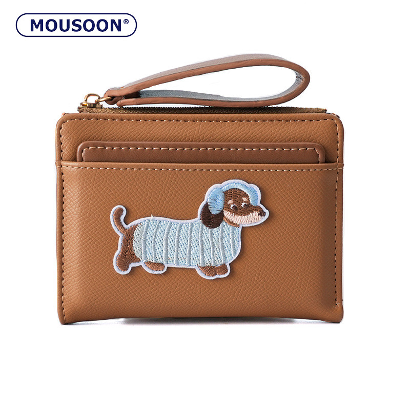 MOUSOON กระเป๋าสตางค์หนัง PU ปักลายสุนัขไส้กรอกน่ารักความจุขนาดใหญ่สำหรับใช้ประจำวัน