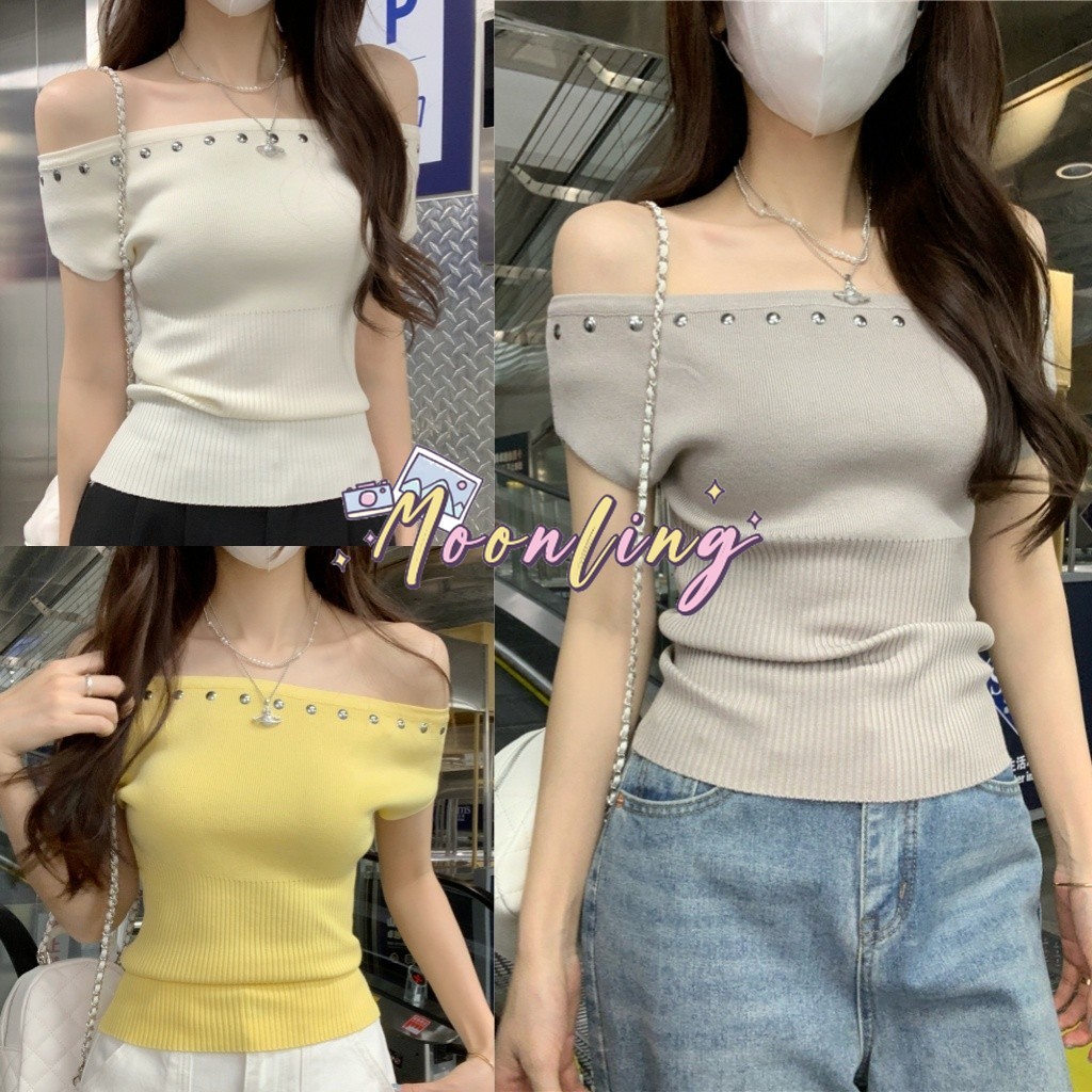 🌜Moonling🌛พร้อมส่งจากไทย เสื้อเปิดไหล่ ไหมพรม ใส่สบาย แขนสั้น ผ้าร่องเล็ก ยืดพอดีตัว สไตล์ลำลอง *Z-YT54*