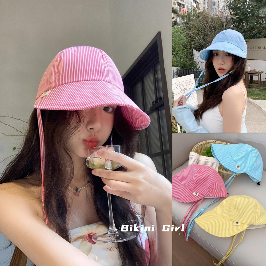 หมวกบักเก็ต แฟชั่น กันแดด สไตล์เกาหลี ลายทาง หมวก เนื้อผ้าระบายอากาศได้ดีและเบาสบาย