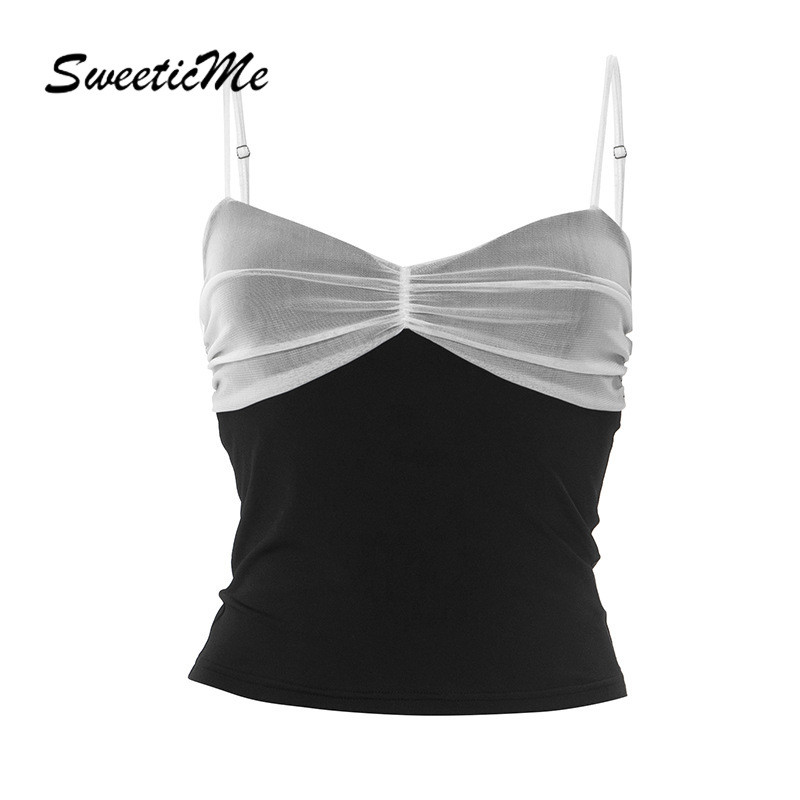 SweeticMe เสื้อสตรี 2025 แฟชั่นใหม่สีตัดกัน เซ็กซี่ Crinkle ตาข่าย Camisole