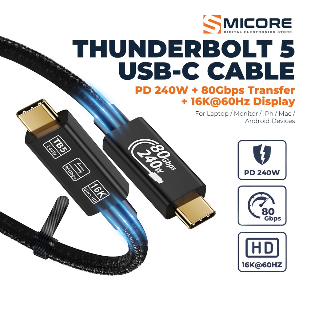 สายชาร์จเร็ว Thunderbolt 5 USB4 Type-C รองรับ 240W 80Gbps ถ่ายโอนข้อมูล รองรับ MacBook แล็ปท็อป โทรศัพท์