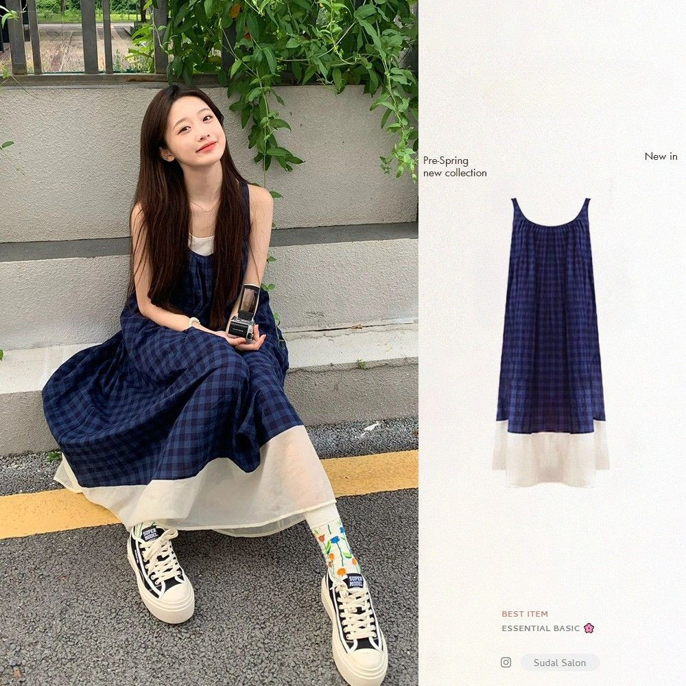 ชุดเดรสแขนกุดลายสก๊อตฝรั่งเศสผู้หญิง Retro Vacation Camisole Maxi Dress