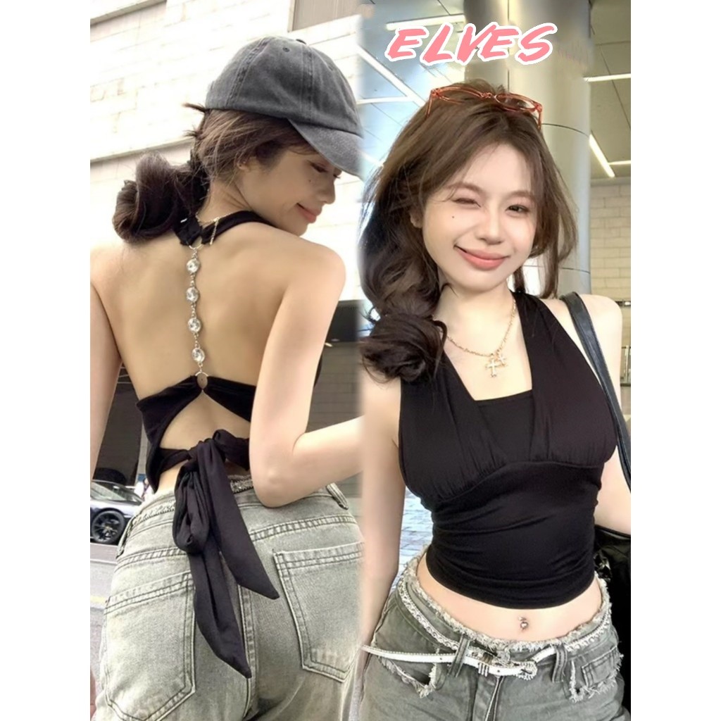 Elves พร้อม เสื้อยืดคล้องคอ ผูกโบว์ข้างหลัง แถมสายเพชรหล้องหลัง รัดหุ่น เซ็กซี่ เท่ๆ ได้หลายลุค สไตล์เกาหลี "FY2636#1"