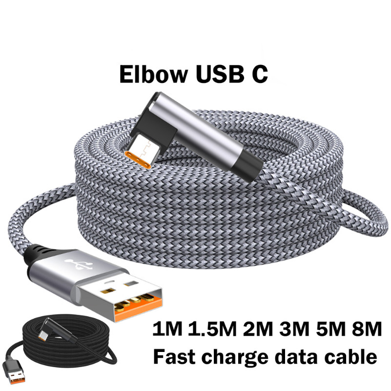 3 M/5 M/8 M 6A ข้อศอก USB Type C Fast Charge โทรศัพท์ขยายสายชาร์จสําหรับ Samsung S21 S22 S23 Xiaomi 13 14 15 13pro 14pro 15pro VR กล้อง