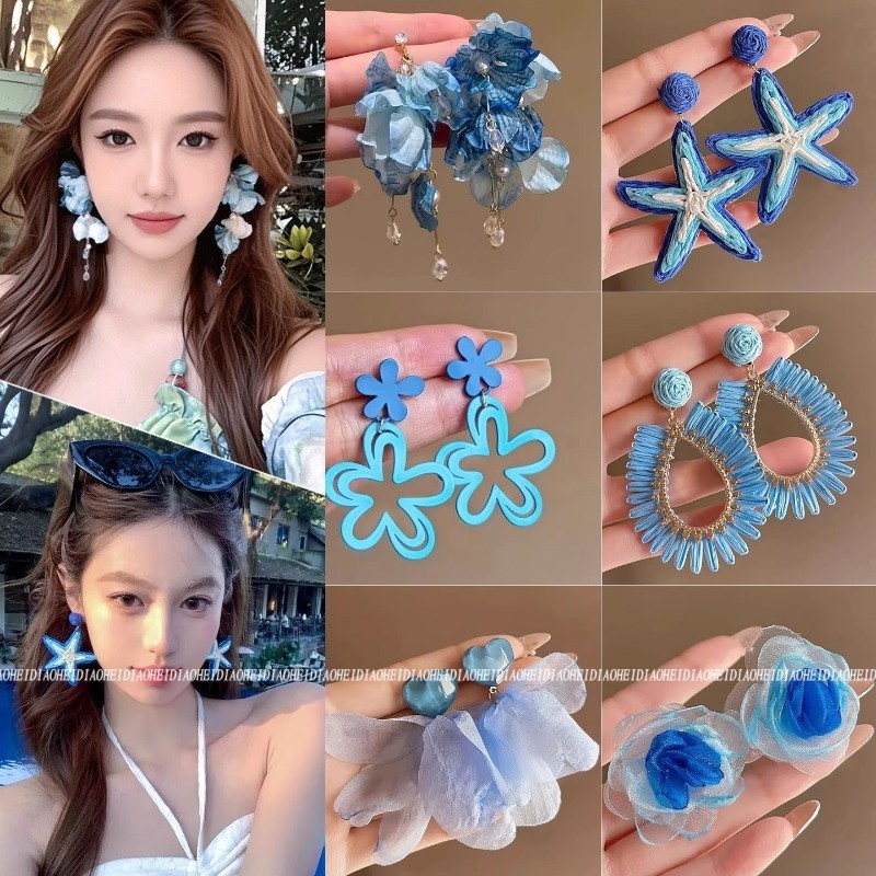 ต่างหูดอกไม้สีฟ้าสไตล์วันหยุดสำหรับฤดูร้อน