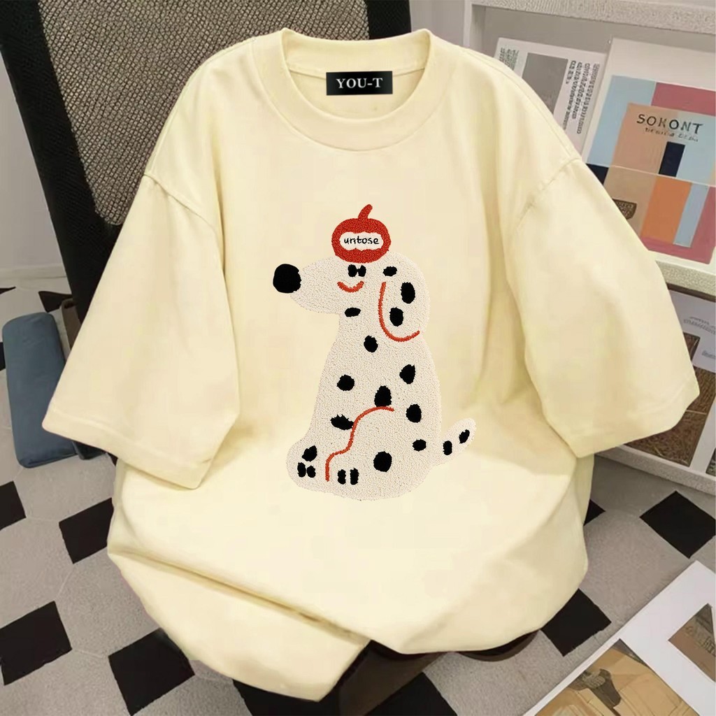 Teddy Tee🐕เสื้อสาวอวบ ผ้านิ่ม คอกลม ลาย "Apple Dog" ผ้าฝ้าย100% เสื้อยืดผู้หญิง ขนาดใหญ่ สวมใส่สบาย สไตล์เกาหลี