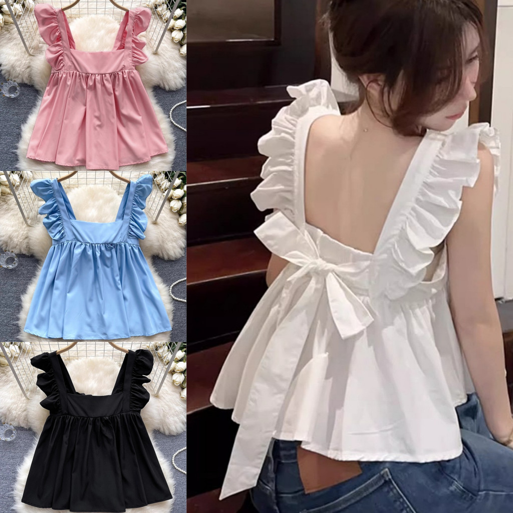 Chic พร้อมส่ง เสื้อแขนระบาย คอเหลี่ยม มีไซส์ M-4XL แต่งผูกโบว์ด้านหลัง สม็อคหลังยืดได้เยอะ งานแนวเกาหลี น่ารักมาก