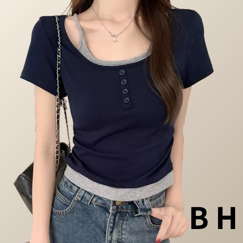 ข ผู้หญิงผ้าฝ้ายแท้ปลอมสองจีบแขนสั้นเสื้อยืดปกสี่เหลี่ยมสลิมฟิต