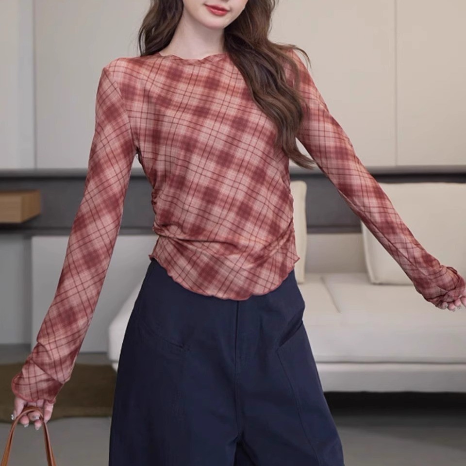 2025 สไตล์ใหม่ สต็อกจัดส่งรวดเร็ว ฤดูร้อนท็อปส์ผู้หญิง ลายสก๊อตแขนสั้น เอวกระชับ เสื้อยืดทรงบางพอดีตัว - รูปที่ 6