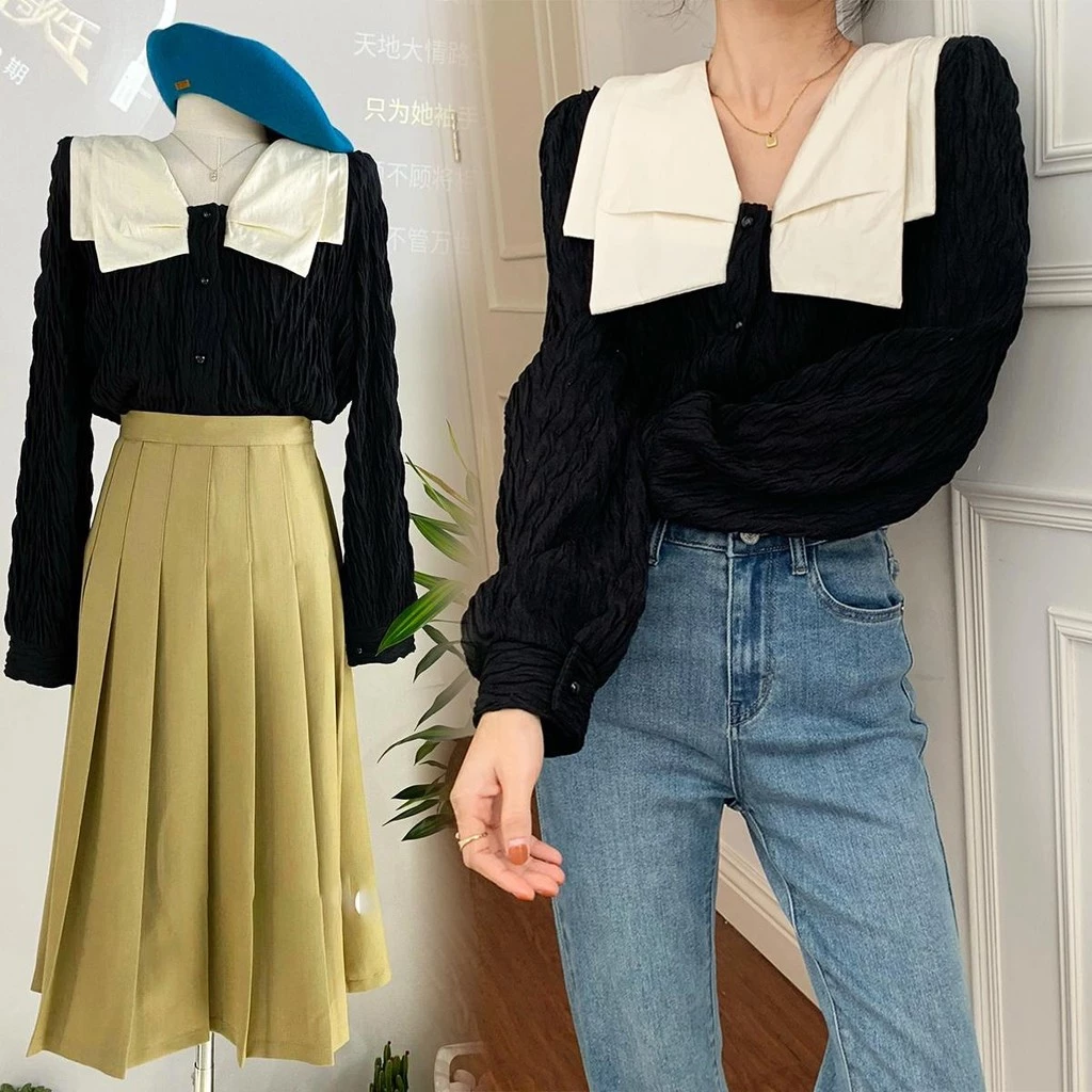 Chili Koko เสื้อเชิ้ตคอโบว์สองชั้นแขนยาวสไตล์ฝรั่งเศสสำหรับผู้หญิง แขนพอง เสื้อแฟชั่นผู้หญิง 99078