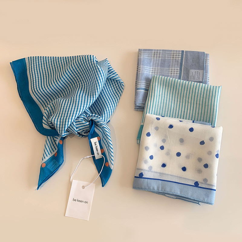 2025MTCEILY ฤดูใบไม้ผลิฤดูร้อน Sweet Mori Series Fresh Blue Headscarf หญิง High-End แถบคาดศีรษะ Breathable วรรณกรรมสี่เหลี่ยมเล็ก All-Match Headscarf ผ้าพันคอสามเหลี่ยมอินเทรนด์