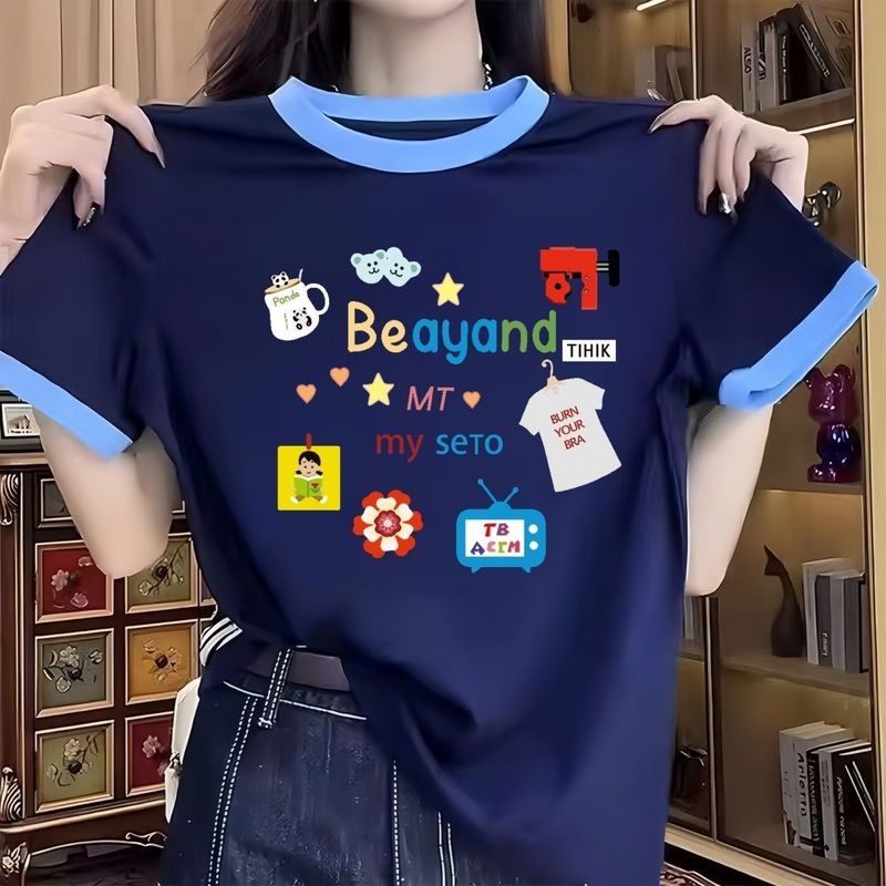 2025 ฤดูร้อนสไตล์ใหม่เสื้อยืดแขนสั้นผู้หญิงจากผ้าฝ้ายแท้ พิมพ์ลายรอบคอดesign