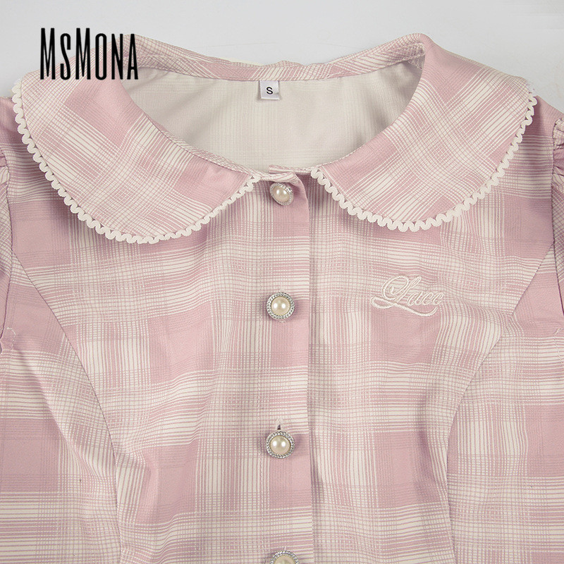 นางสาว ผู้หญิงของแท้2025เสื้อแฟชั่นแขนพองสแควร์คอปุ่มลายสก๊อตสลิมฟิตหวานวิทยาลัย - รูปที่ 6