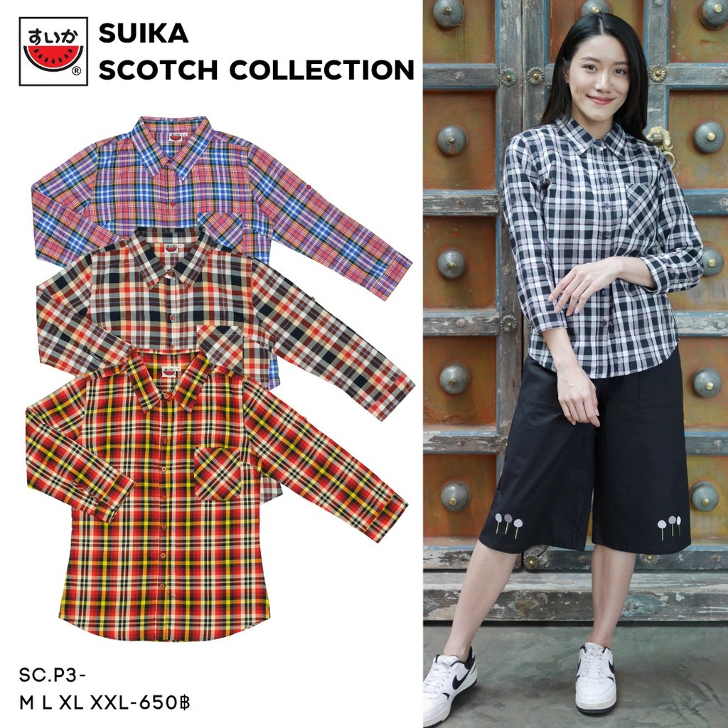 เสื้อแตงโม (SUIKA) คอปกเชิ้ตผ่าหน้าแขนสามส่วน ผู้หญิง ลายสก๊อต (ผ้าไม่ยืด) ( SC.P3 )