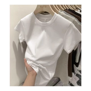 เสื้อยืดผู้หญิงแขนสั้น เสื้อยืด ไหล่หน้า แขนสั้น ฤดูร้อน ผู้หญิง ใหม่ คอกลม สลิม สกินนี่ เสื้อยืนพื้นฐาน ท๊อป