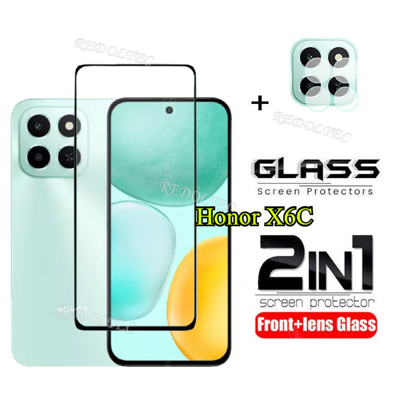 Honor X6C 4G 2 in 1 ป้องกันหน้าจอ + เลนส์ป้องกันคลุมทั้งหมดกาวเต็ม Honor X6 C X6C ฟิล์มกระจกนิรภัยด้วยกล้อง Flim ป้องกัน