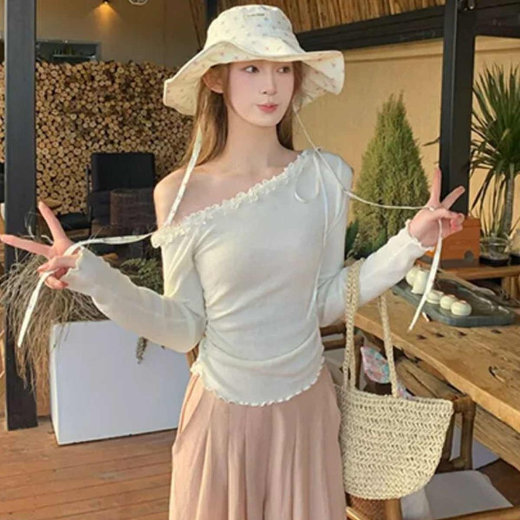 Mimi&Didi เสื้อเปิดไหล่แขนยาวไหมพรม เสื้อยืดถักลูกไม้เปิดไหล่สีชมพูสำหรับผู้หญิง ทันสมัยและสวยงาม ใส่เดี่ยวๆH060 - รูปที่ 4