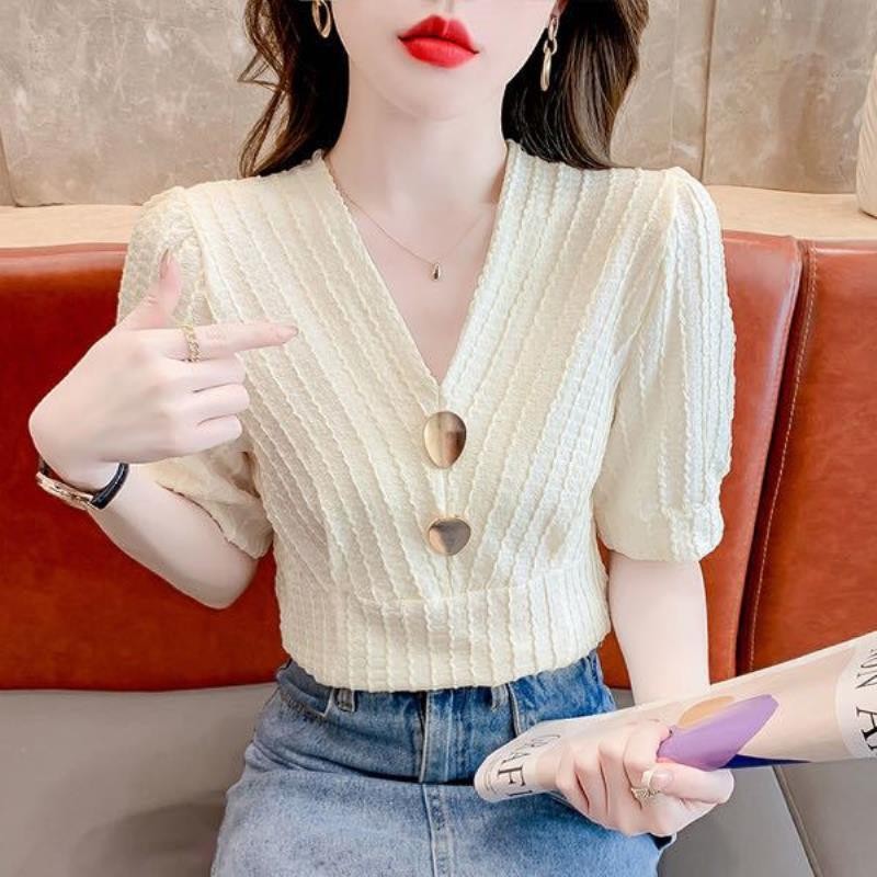 ฝรั่งเศสย้อนยุคอารมณ์ ผอมลง ดูด้านบนผู้หญิงฤดูร้อนสไตล์ใหม่ที่เรียบง่ายสบายๆสีทึบทุกการแข่งขันแขนสั้นคอวีสั้นเสื้อ